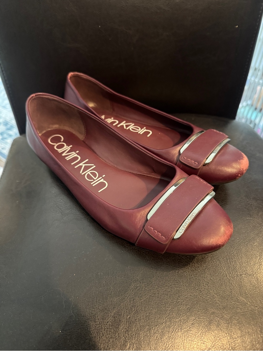 Calvin Klein Maroon Leather Ballet Flats with Metallic Accent